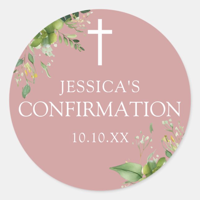 Dusty Rose Pink Greenery Floral Confirmation Favou Classic Round Sticker (Front)