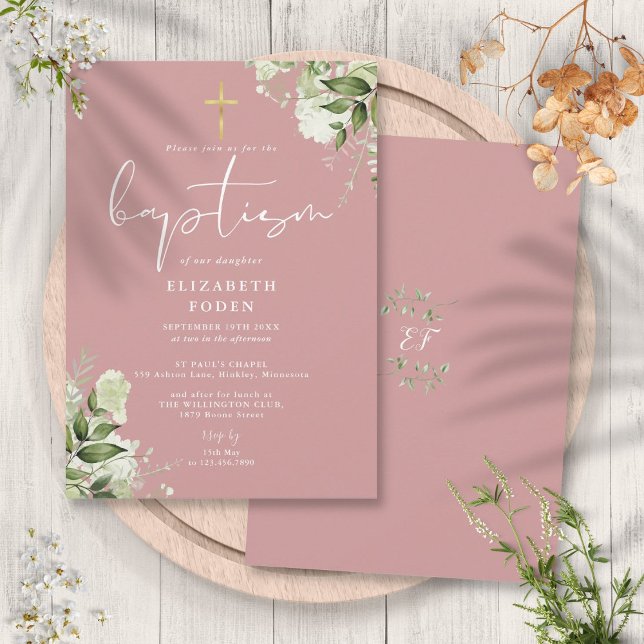 Dusty Rose Pink Greenery Floral Monogram Baptism Invitation (Dusty Rose Pink Greenery Floral Monogram Baptism Invitation)