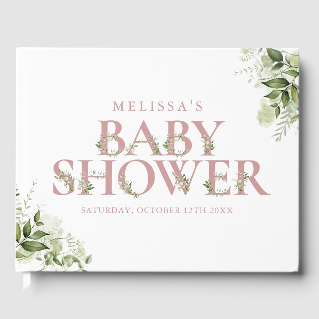 Dusty Rose Pink Greenery Letter Baby Shower Guest Book (Front)