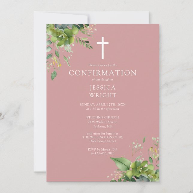 Dusty Rose Pink Greenery Monogram Confirmation Invitation (Front)