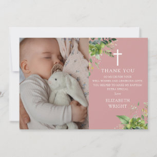 Dusty Rose Pink Greenery Photo Baptism Christening Thank You Card