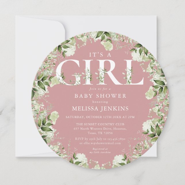 Dusty Rose Pink Its A Girl Greenery Baby Shower Invitation (Front)
