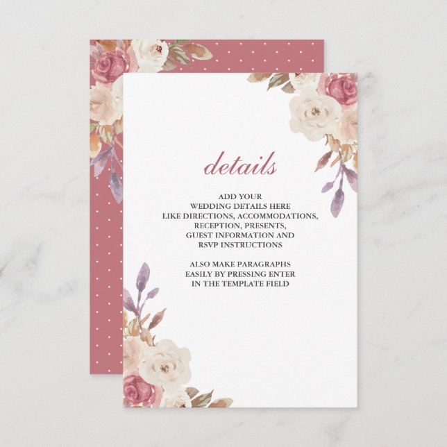 Dusty Rose Pink Ivory Floral Wedding Details Enclosure Card (Front/Back)