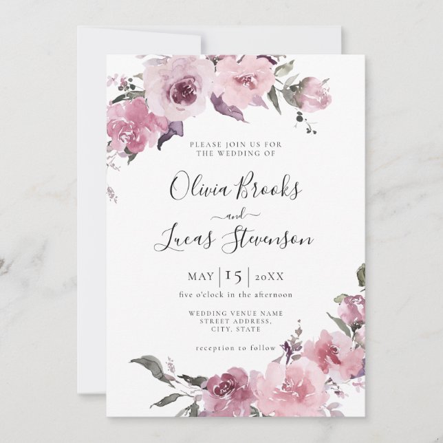 Dusty Rose Pink Mauve Blush Floral Wedding Invitation (Front)