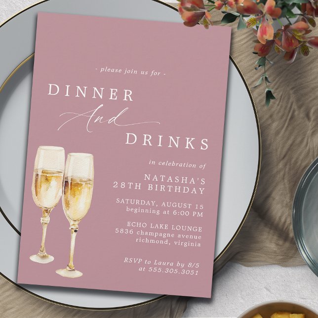 Dusty Rose Pink | Mauve Champagne Birthday Dinner Invitation (Creator Uploaded)