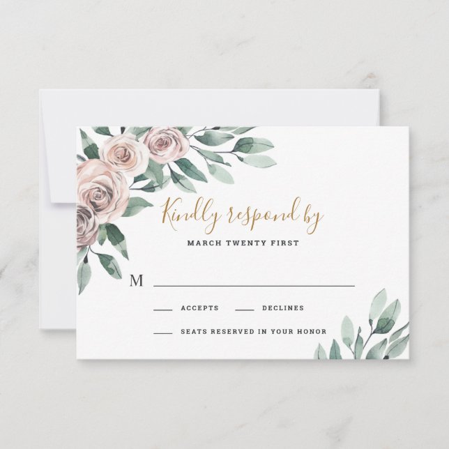 Dusty Rose Pink Mauve Gold Greenery Floral Wedding RSVP Card (Front)
