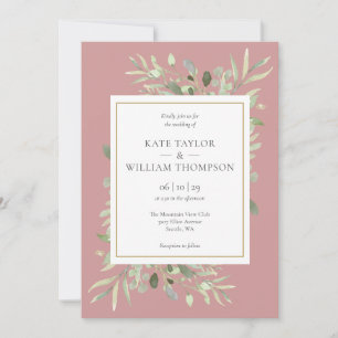 Dusty Rose Pink Mauve Greenery Foliage Wedding Invitation