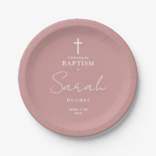 Dusty Rose Pink Minimalist Baptism Christening Paper Plate