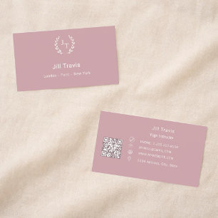 Dusty rose pink monogrammed wreath modern QR code Business Card