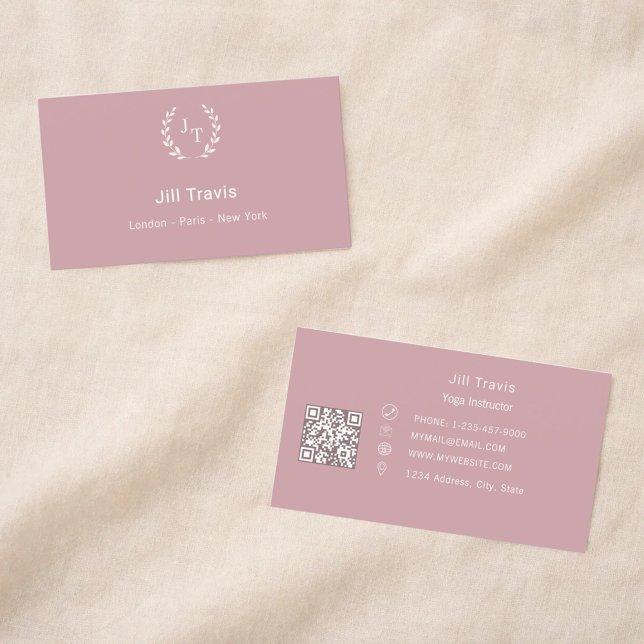 Dusty rose pink monogrammed wreath modern QR code Business Card (Creator Uploaded)