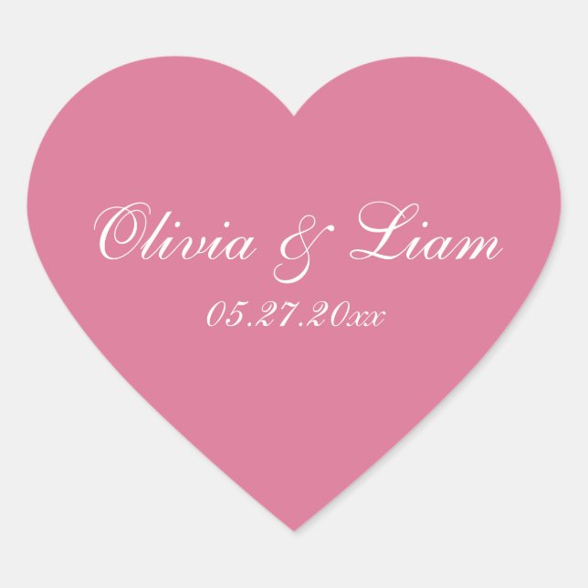 Dusty Rose Pink Name Date Elegant Wedding Heart Sticker (Front)