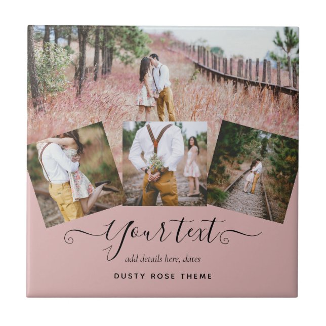 Dusty Rose Pink Newlyweds Wedding PHOTO Gift Tile (Front)