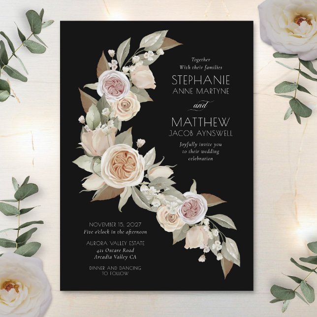 Dusty Rose Pink Peach Black Flowy Wedding Invitation (Creator Uploaded)