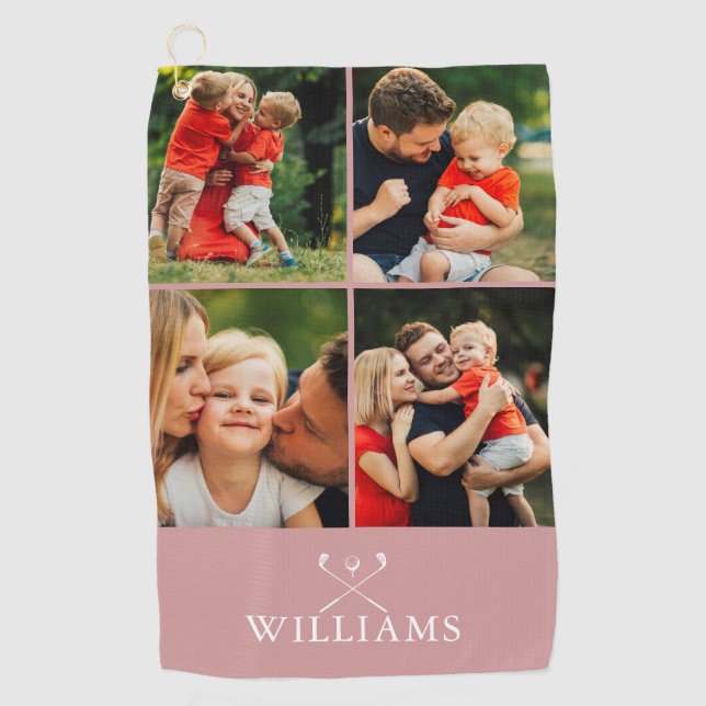 Dusty Rose Pink Personalised Name Photo Collage Golf Towel (Front)