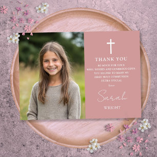 Dusty Rose Pink Photo First Holy Communion Thank You Card