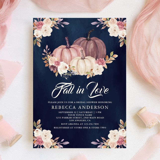 Dusty Rose Pink Pumpkin Floral Navy Bridal Shower Invitation (Creator Uploaded)