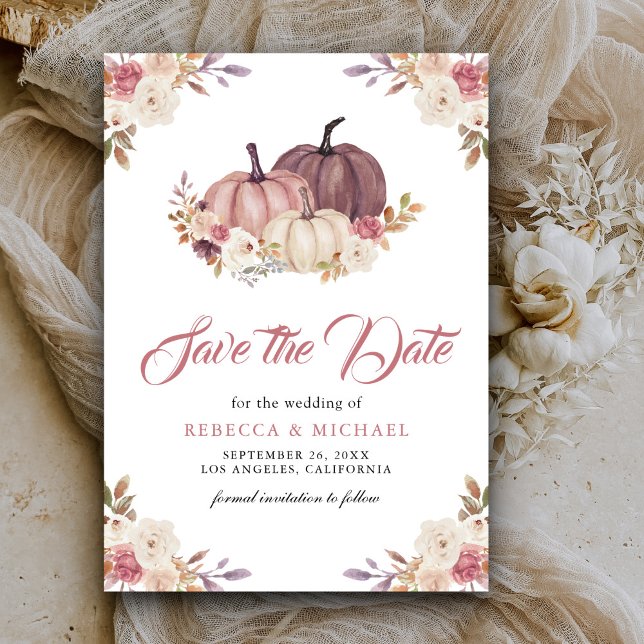 Dusty Rose Pink Pumpkin Floral Wedding Save The Date (Creator Uploaded)