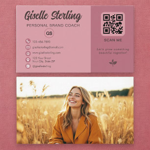 Dusty Rose Pink QR Code Photo Monogram Business Card