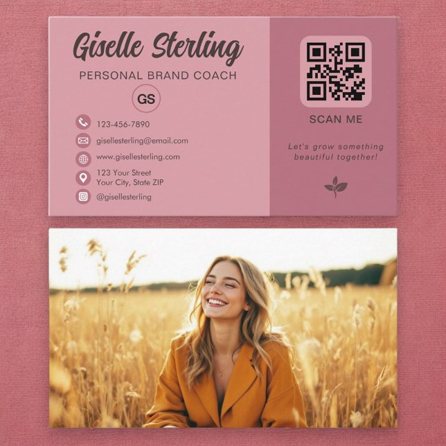 Dusty Rose Pink QR Code Photo Monogram  Business Card (Creator Uploaded)