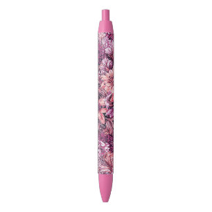Dusty Rose Pink Salmon Rose Gold Garden Flowers Blue Ink Pen