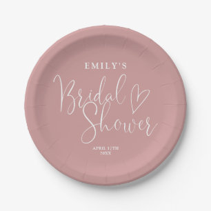 Dusty Rose pink Script Calligraphy Bridal Shower Paper Plate