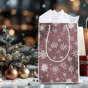 Dusty Rose Pink Snowflakes Elegant Winter Holiday Medium Gift Bag