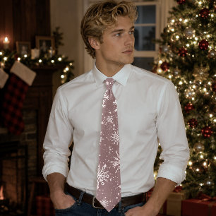 Dusty Rose Pink Snowflakes Elegant Winter Holiday Tie