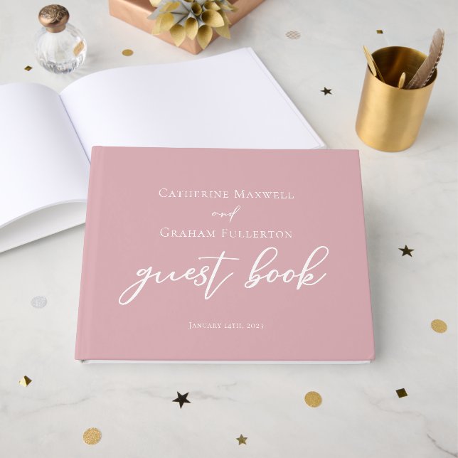 Dusty Rose Pink Typography Romantic Wedding Guest Book (Front Open)