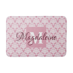 Dusty Rose Pink Vintage Damask Monogram & Name Bath Mat