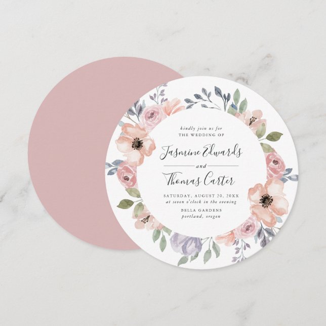 Dusty Rose Pink Watercolor Floral | Circle Wedding Invitation (Front/Back)