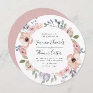 Dusty Rose Pink Watercolor Floral Circle Wedding Invitation