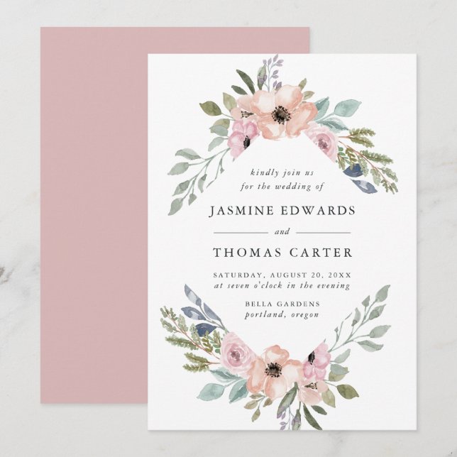 Dusty Rose Pink Watercolor Floral Frame | Wedding Invitation (Front/Back)