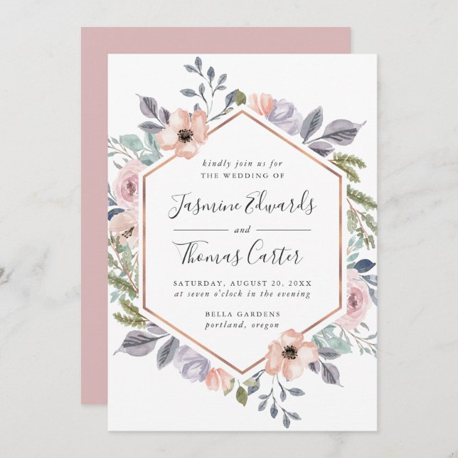Dusty Rose Pink Watercolor Floral Frame | Wedding Invitation (Front/Back)