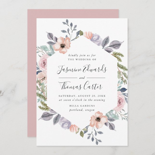 Dusty Rose Pink Watercolor Floral Frame | Wedding Invitation (Front/Back)