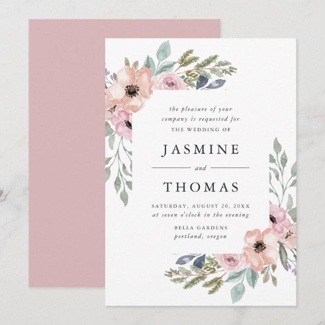 Dusty Rose Pink Watercolor Floral Frame | Wedding Invitation (Front/Back)
