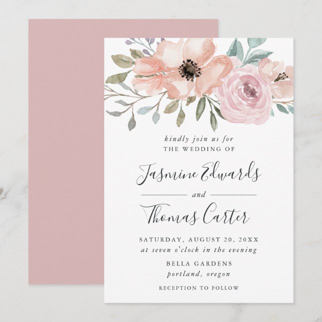 Dusty Rose Pink Watercolor Floral | Wedding Invitation (Front/Back)