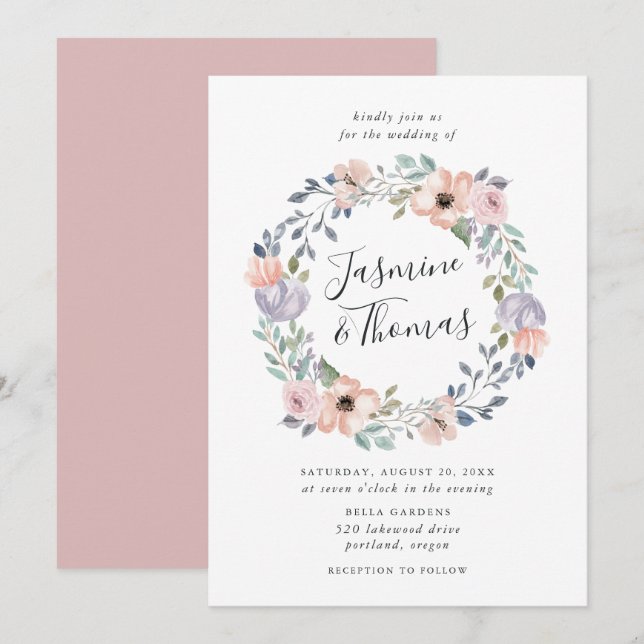Dusty Rose Pink Watercolor Floral Wreath | Wedding Invitation (Front/Back)