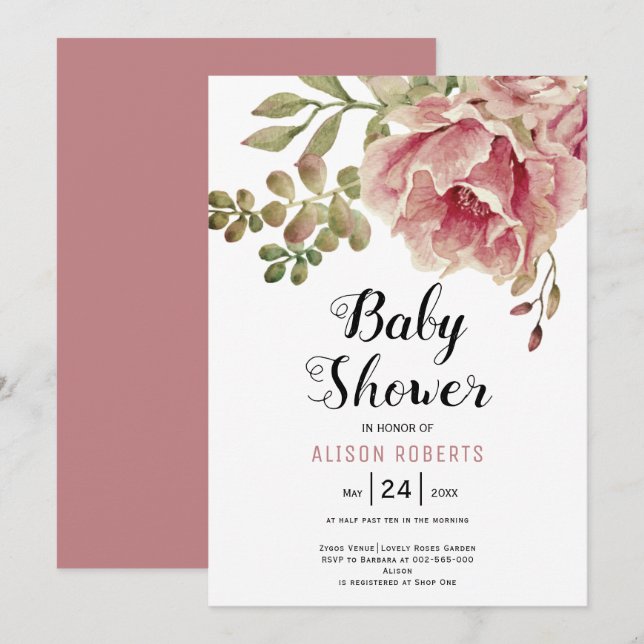 Dusty rose pink watercolor flowers baby shower invitation (Front/Back)