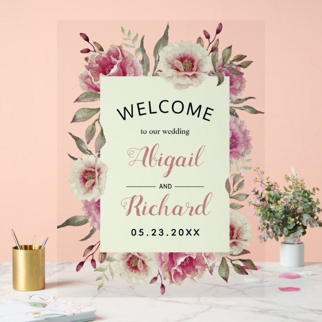 Dusty rose pink watercolor flowers wedding welcome acrylic sign (Wedding)