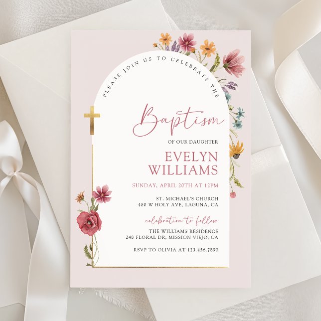 Dusty Rose Pink Wildflower Arched Girl Baptism Invitation (Creator Uploaded)