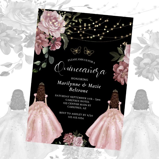 Dusty Rose Princess Floral Twins Quinceañera Invitation (Creator Uploaded)