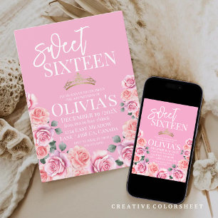 Dusty rose Princess tiara glitter Sweet 16   Invitation