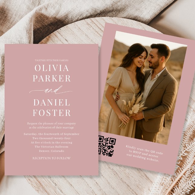 Dusty Rose QR Code Elegant Photo Wedding Invitation (Creator Uploaded)