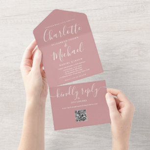 Dusty Rose QR Code Script Minimalist Wedding All In One Invitation