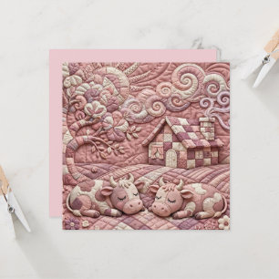 Dusty Rose Quaint Quilted Cows Patchwork Pastoral Card