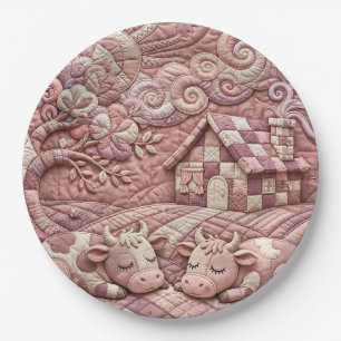 Dusty Rose Quaint Quilted Cows Patchwork Pastoral Paper Plate
