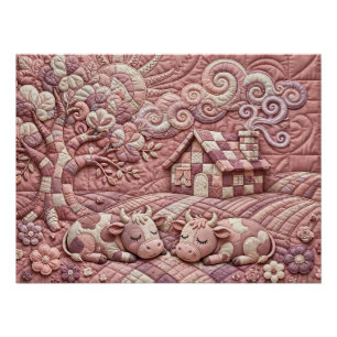 Dusty Rose Quaint Quilted Cows Patchwork Pastoral  Poster