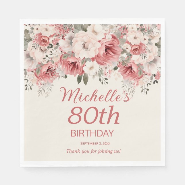 Dusty Rose Red Cream Watercolor Floral 80th  Napkin (Front)
