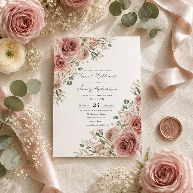 Dusty Rose Romance Wedding Invitation (Luxury flat lay featuring our Dusty Rose Romance wedding invitation on premium ivory cardstock.)