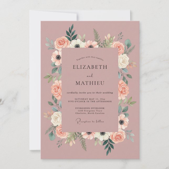 Dusty Rose Romantic Botanical Wedding Invitation (Front)